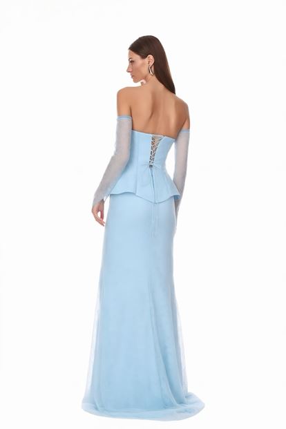 Bebe Mavi Peplum Detaylı  Dantelli Abiye  Elbise